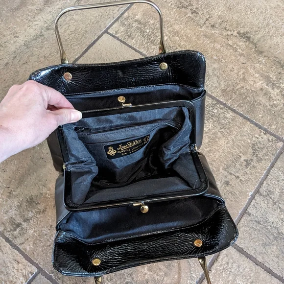 Jane Shilton Vintage Patent Leather Metal Top Handle Luxurious Evening Bag Black - Picture 5 of 14